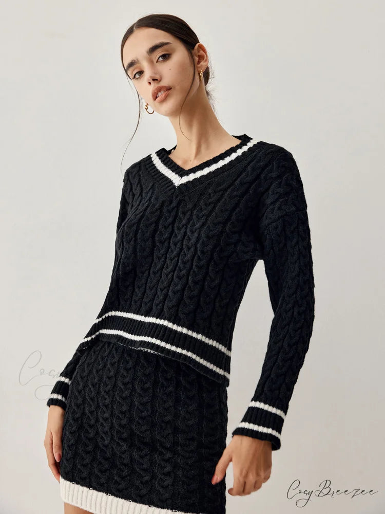 Contrast Trim Cable Knit Modern Sweater With Matching Skirt