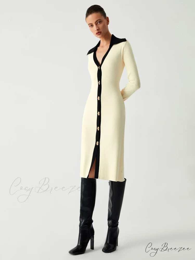 Contrast Trim Collared Trendy Long Sleeve Knit Dress