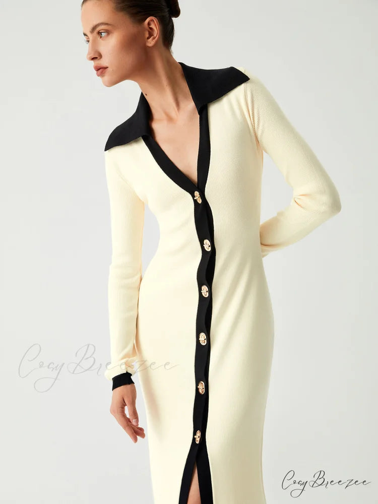 Contrast Trim Collared Trendy Long Sleeve Knit Dress