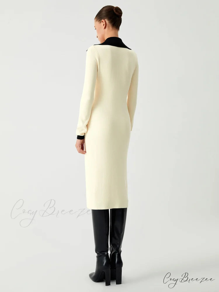 Contrast Trim Collared Trendy Long Sleeve Knit Dress