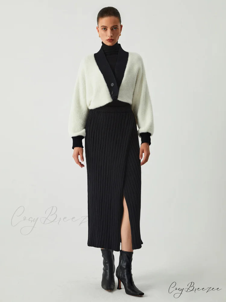 Contrast Trim Graceful Fuzzy Crop Cardigan