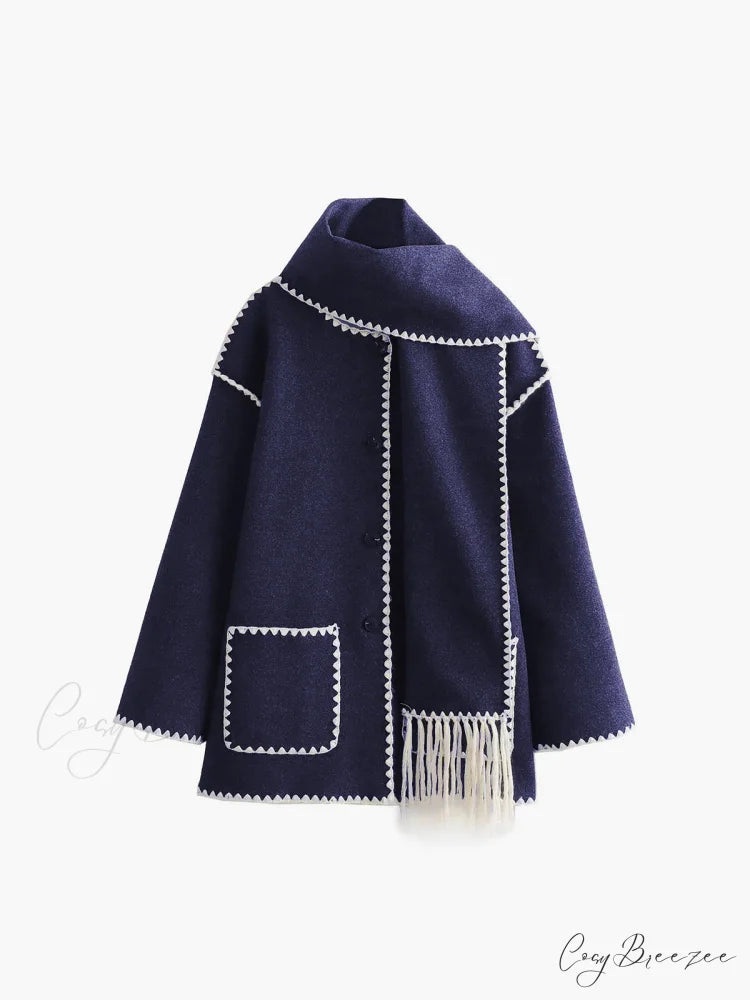 Contrast Trim Jacket Trendy With Matching Scarf
