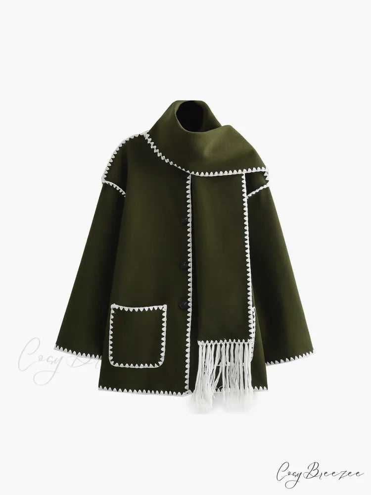 Contrast Trim Jacket Trendy With Matching Scarf ArmyGreen / S