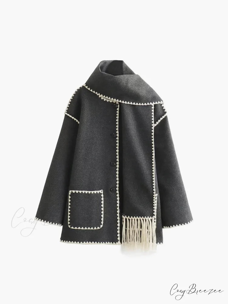 Contrast Trim Jacket Trendy With Matching Scarf Grey / S