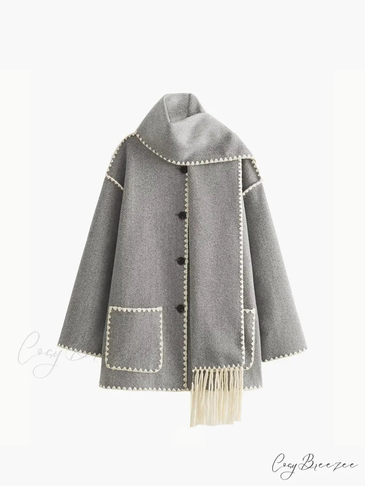 Contrast Trim Jacket Trendy With Matching Scarf Light Grey / S