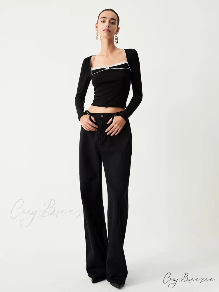 Contrast Trim Lace Trendy Long Sleeve Crop Top