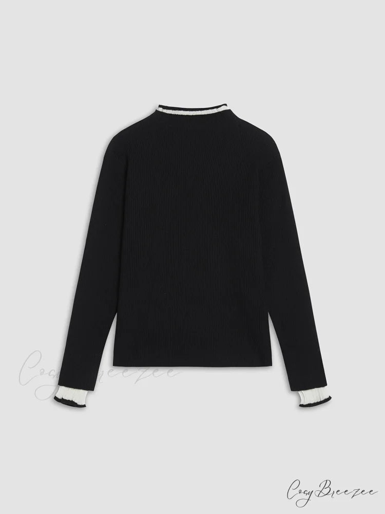 Contrast Trim Mock Trendy Neck Knit Top
