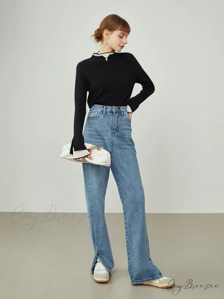 Contrast Trim Mock Trendy Neck Knit Top