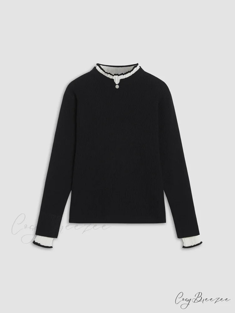 Contrast Trim Mock Trendy Neck Knit Top