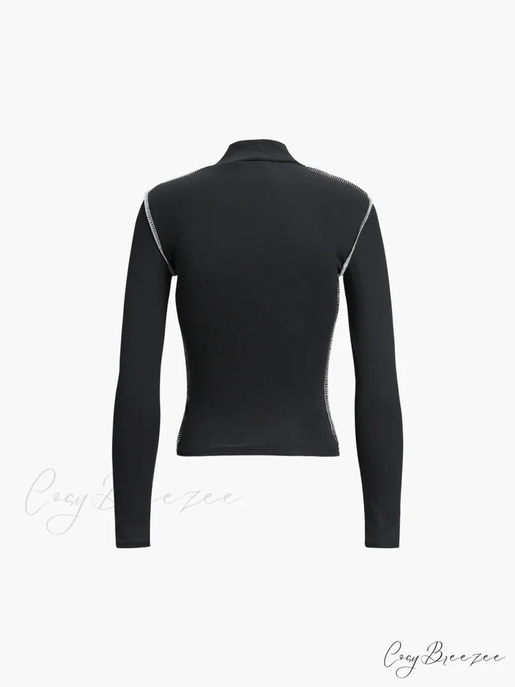 Contrast Trim Mock Trendy Neck Long Sleeve Top