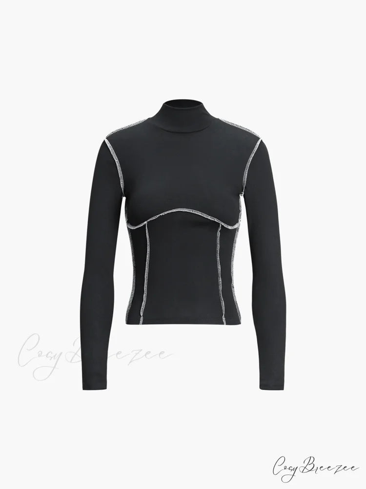 Contrast Trim Mock Trendy Neck Long Sleeve Top