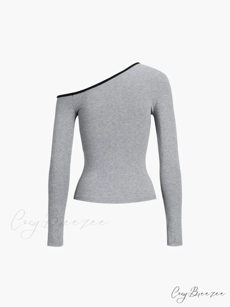 Contrast Trim Off Trendy Shoulder Long Sleeve Shirt