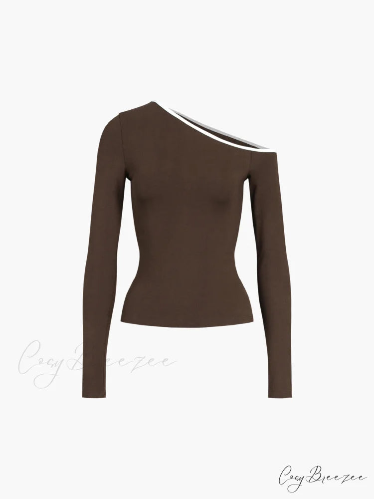 Contrast Trim Off Trendy Shoulder Long Sleeve Shirt Brown / XS