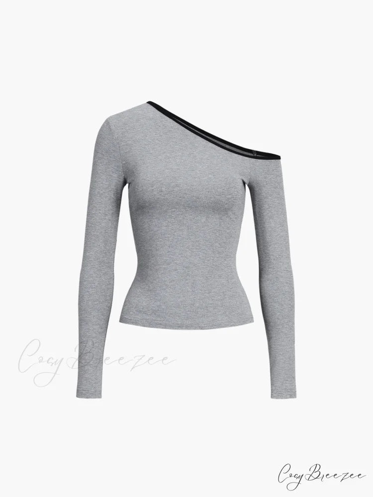 Contrast Trim Off Trendy Shoulder Long Sleeve Shirt Grey / XS