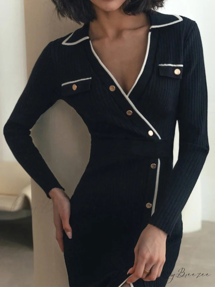 Contrast Trim Wrap Trendy Midi Knit Dress