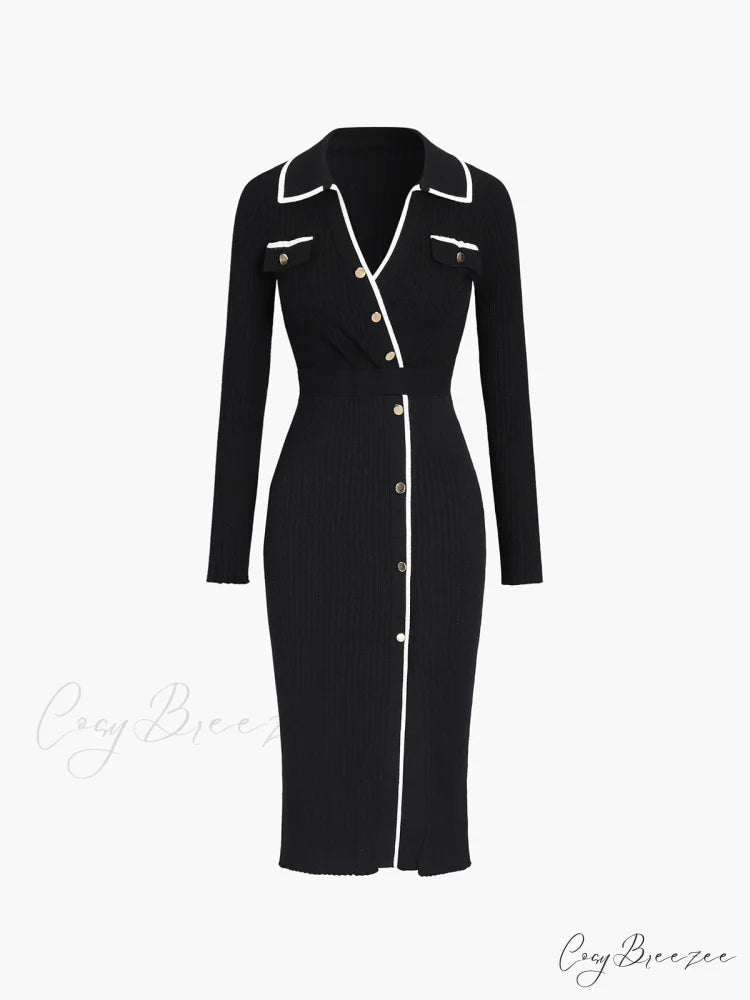 Contrast Trim Wrap Trendy Midi Knit Dress