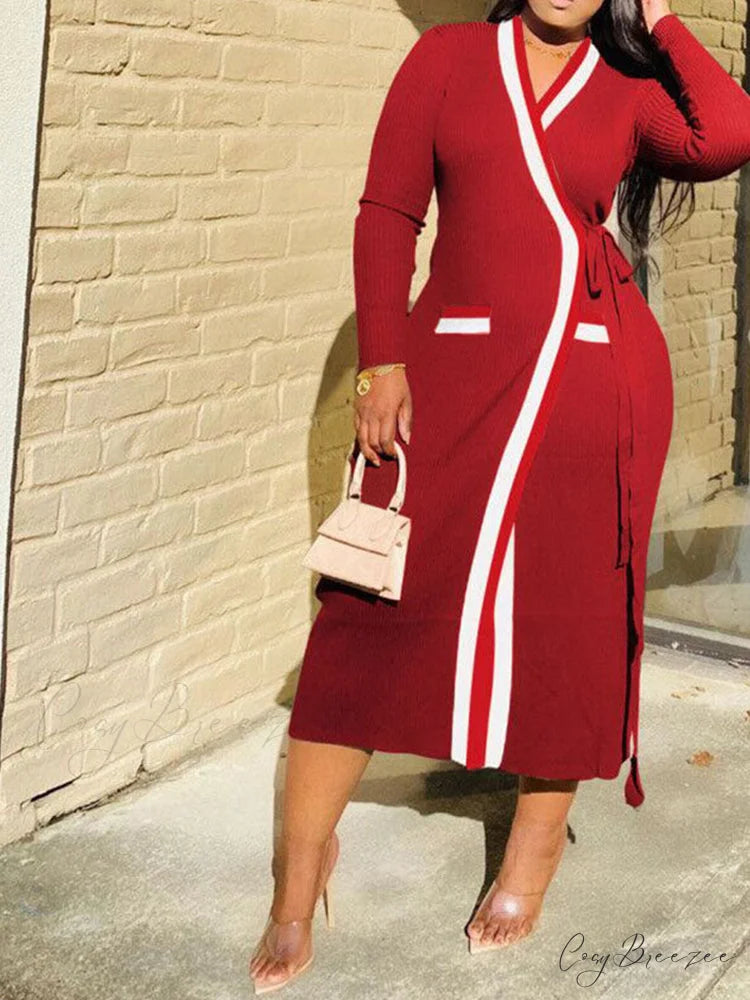 Contrast Waist Graceful Vintage Tailored Pants Red / M