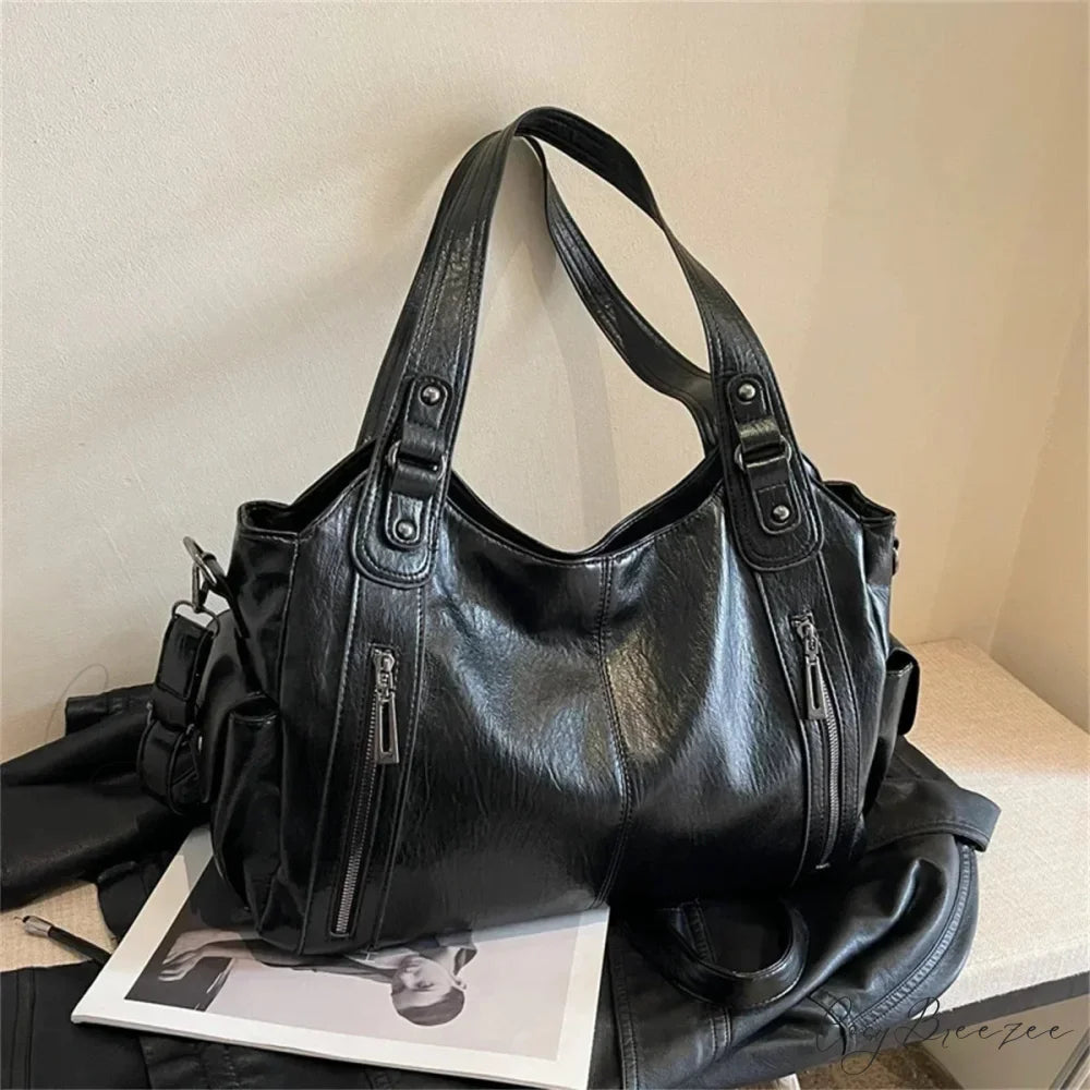 Contrasting Color High-Quality Zipper Shoulder Bag Black shoulder-250126