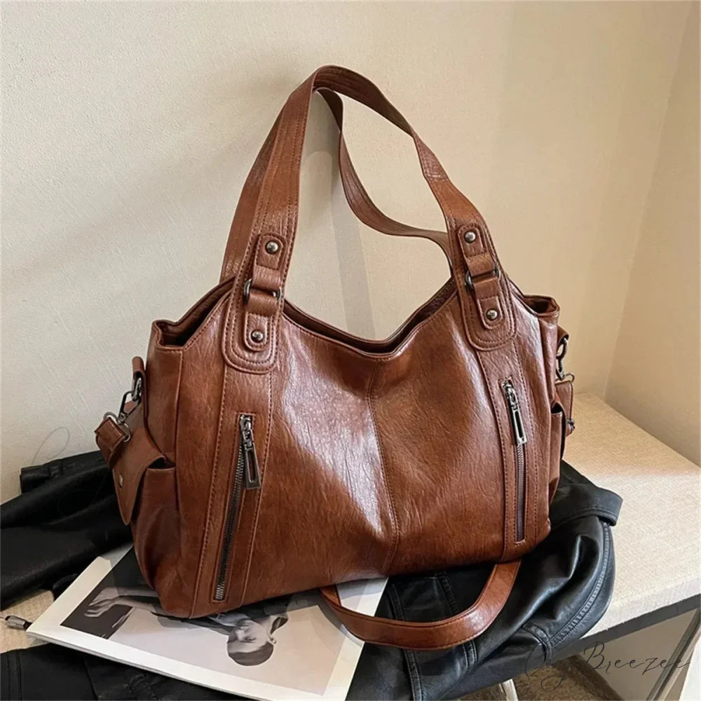 Contrasting Color High-Quality Zipper Shoulder Bag Brown shoulder-250126