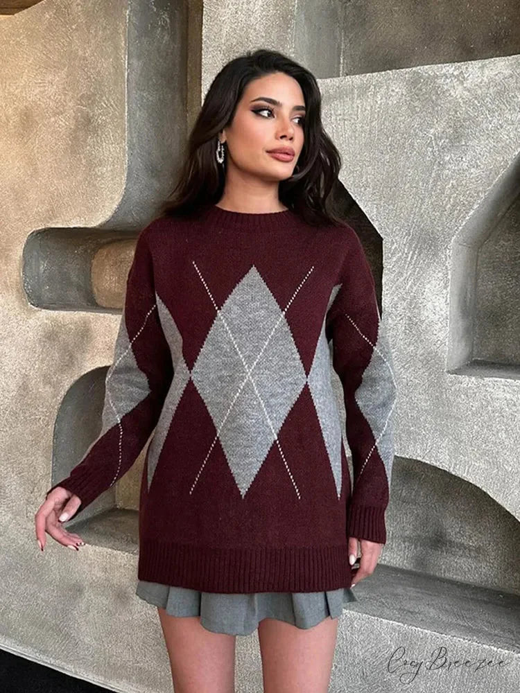 Contrasting Printed Long Sleeve Sweater Dark red / S swraters-241228