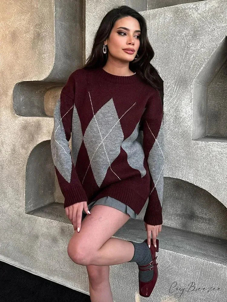 Contrasting Printed Long Sleeve Sweater swraters-241228