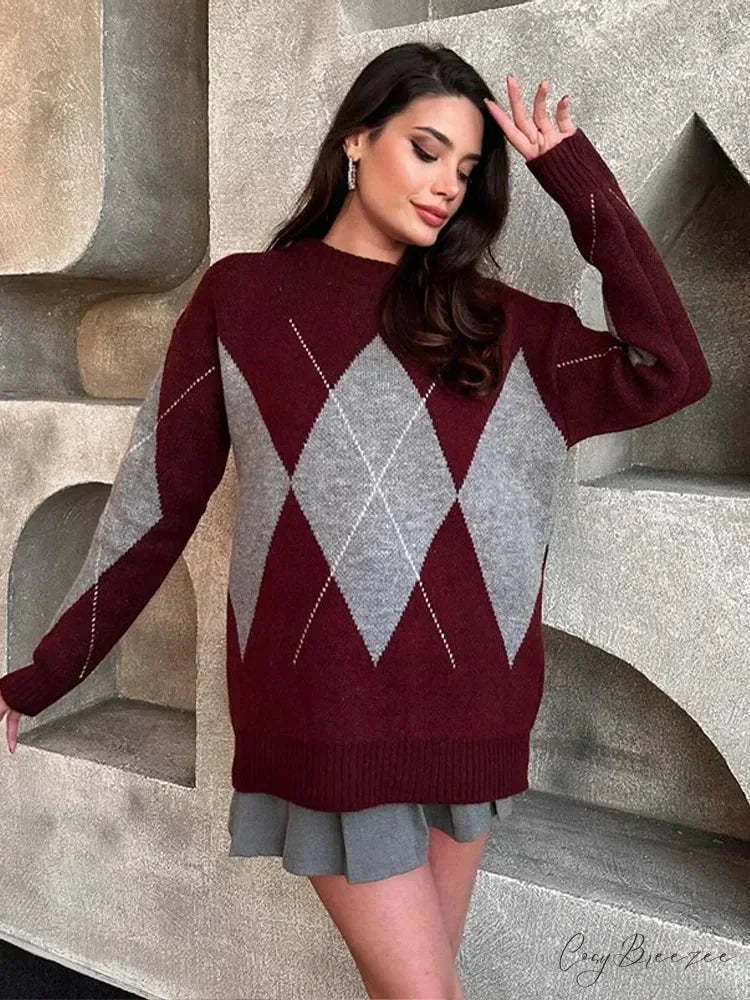 Contrasting Printed Long Sleeve Sweater swraters-241228