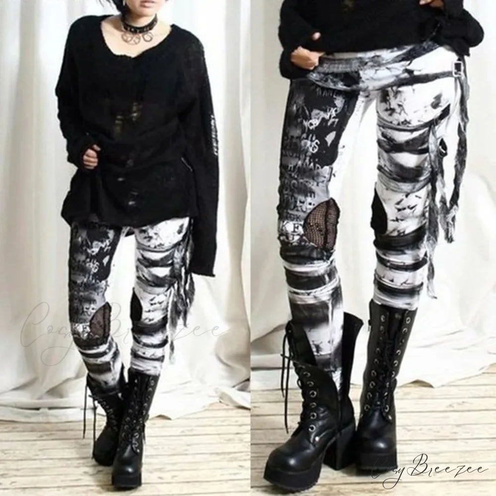 Cool Gathered High Waist Gothic Rocker Halloween Pants Grey / S