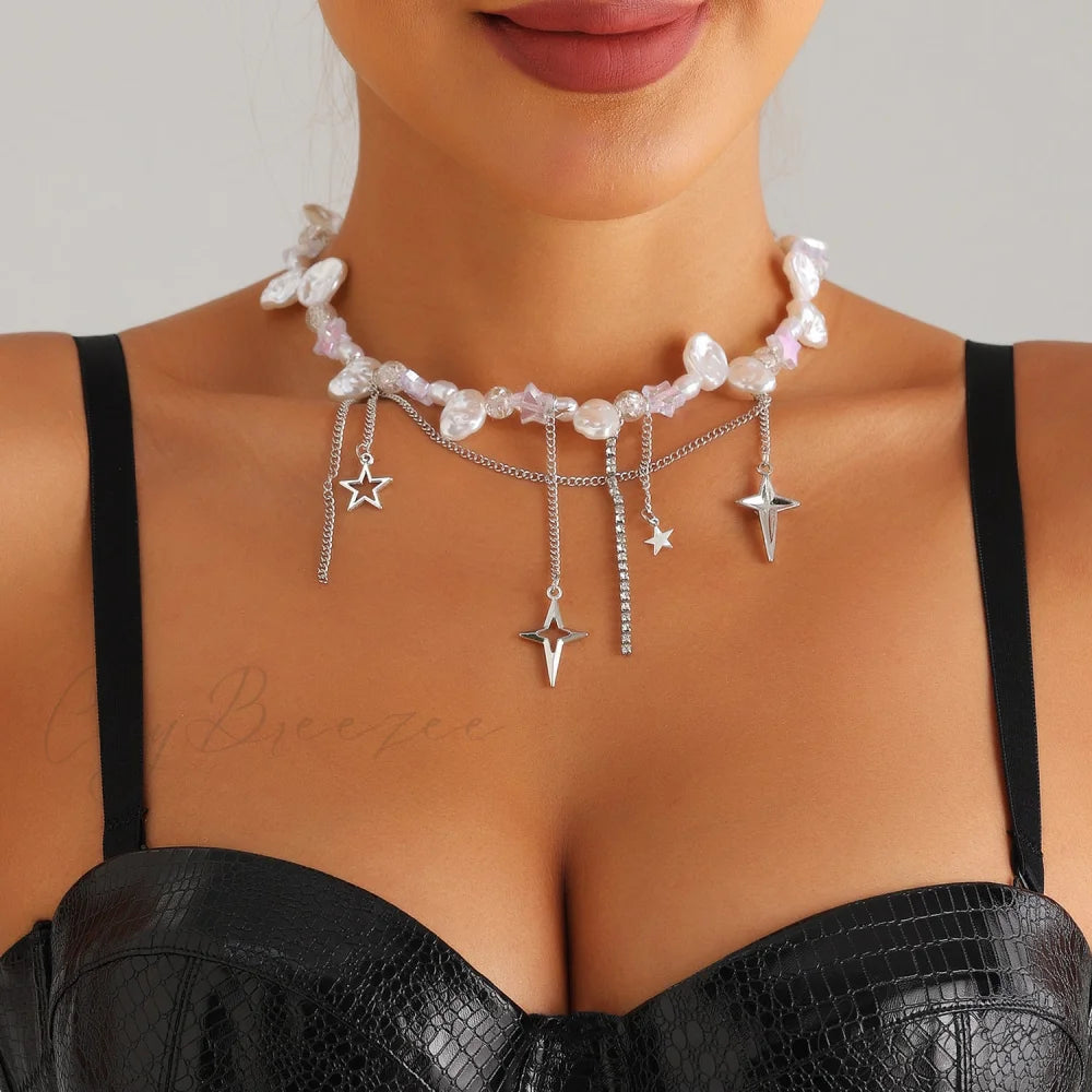 Cool Style Cross Star Diamond Necklace STEEL