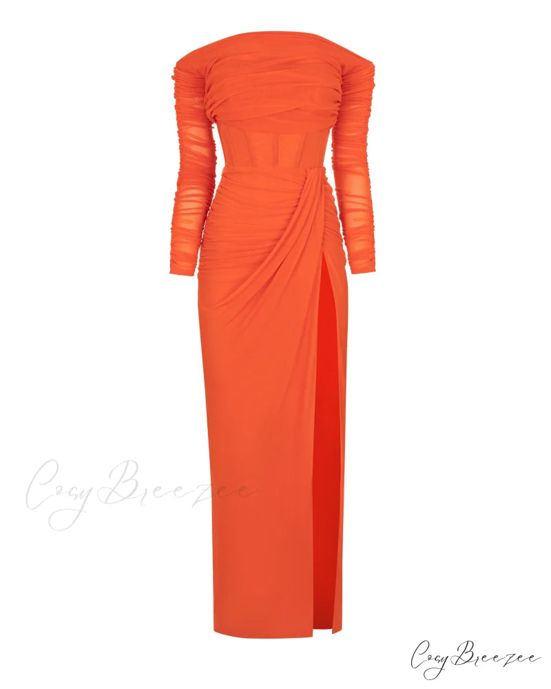 Coral Blazing Stylish Off-The-Shoulder Maxi Dress