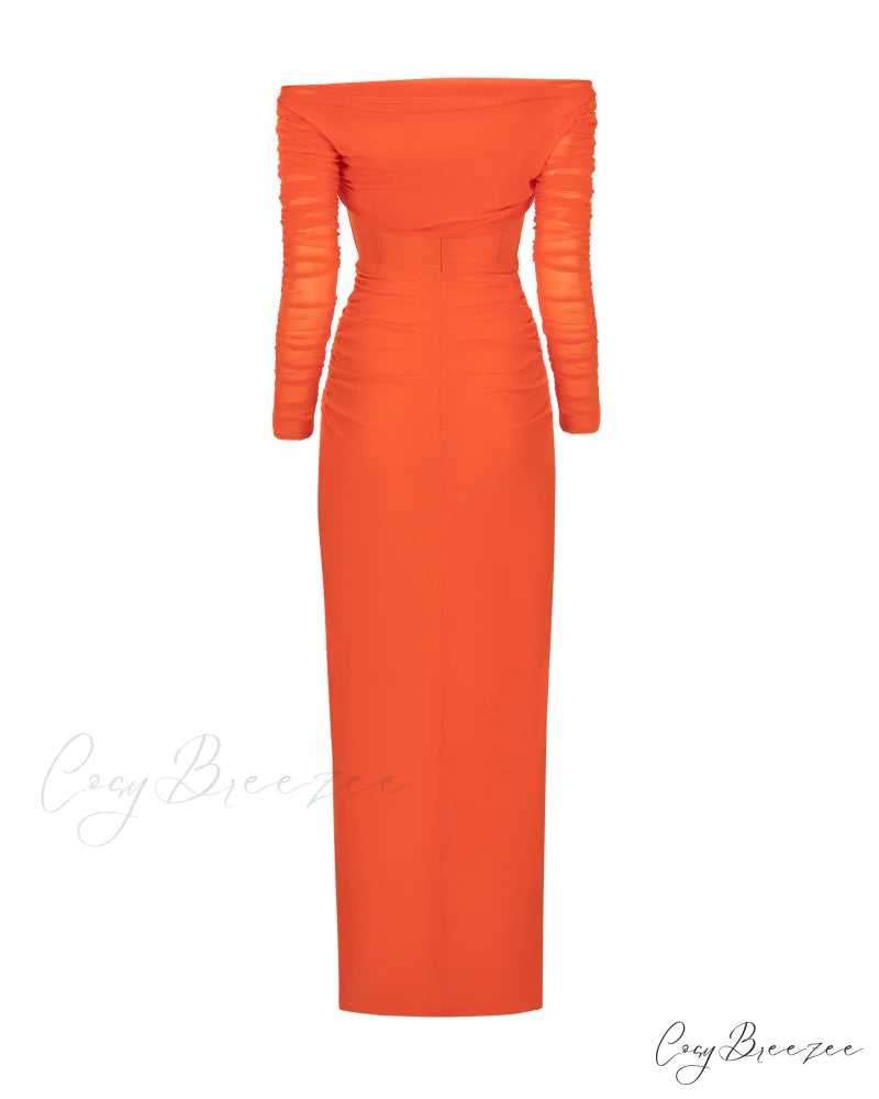 Coral Blazing Stylish Off-The-Shoulder Maxi Dress