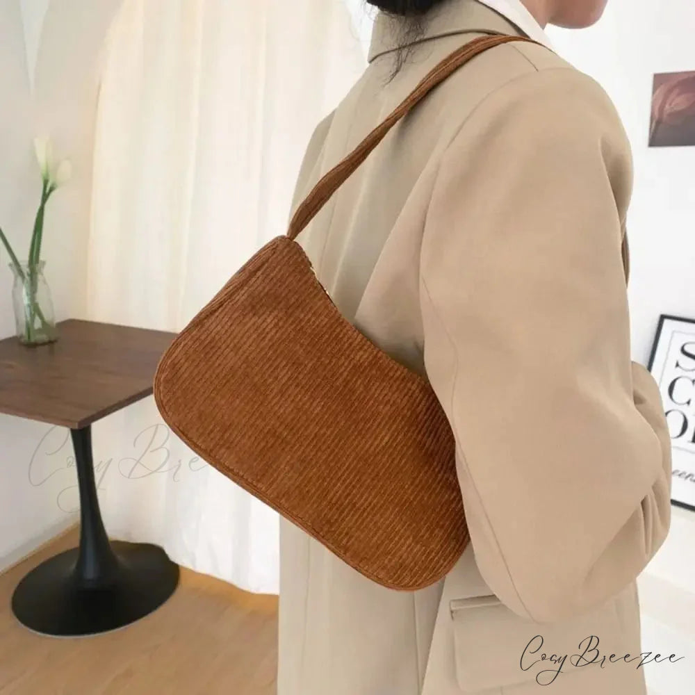 Corduroy Zipper Underarm Handbag Brown shoulder-250126