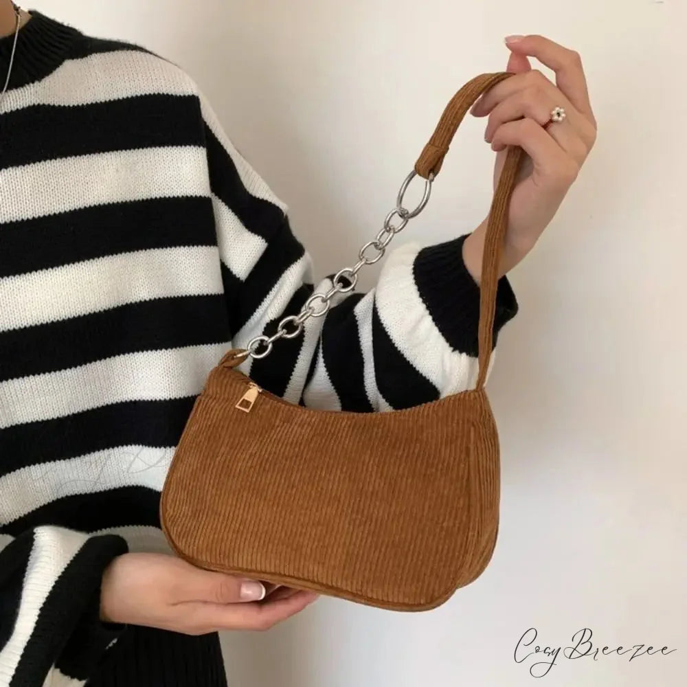 Corduroy Zipper Underarm Handbag Chain-Brown shoulder-250126