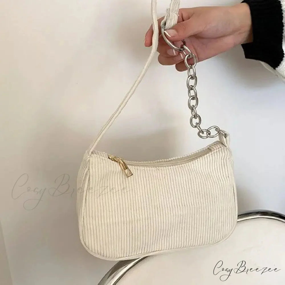Corduroy Zipper Underarm Handbag Chain-White shoulder-250126
