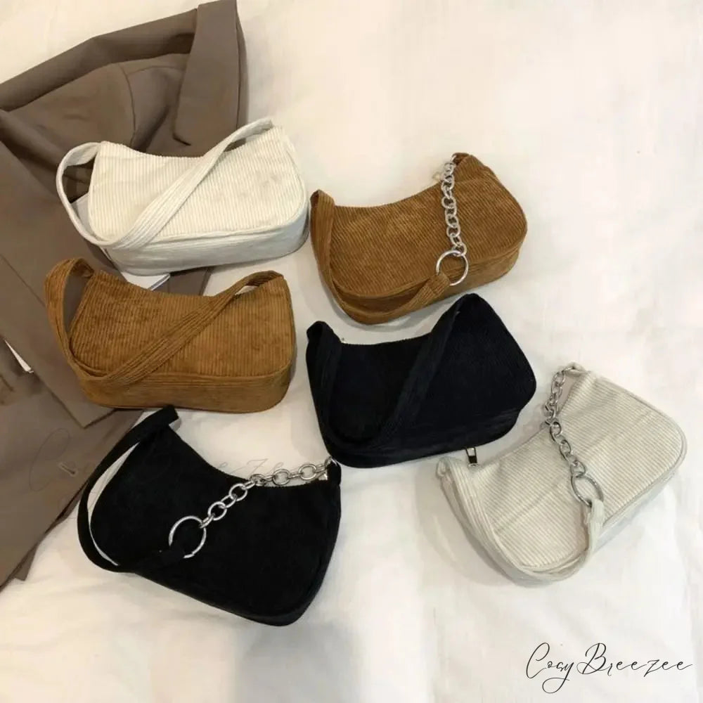 Corduroy Zipper Underarm Handbag shoulder-250126