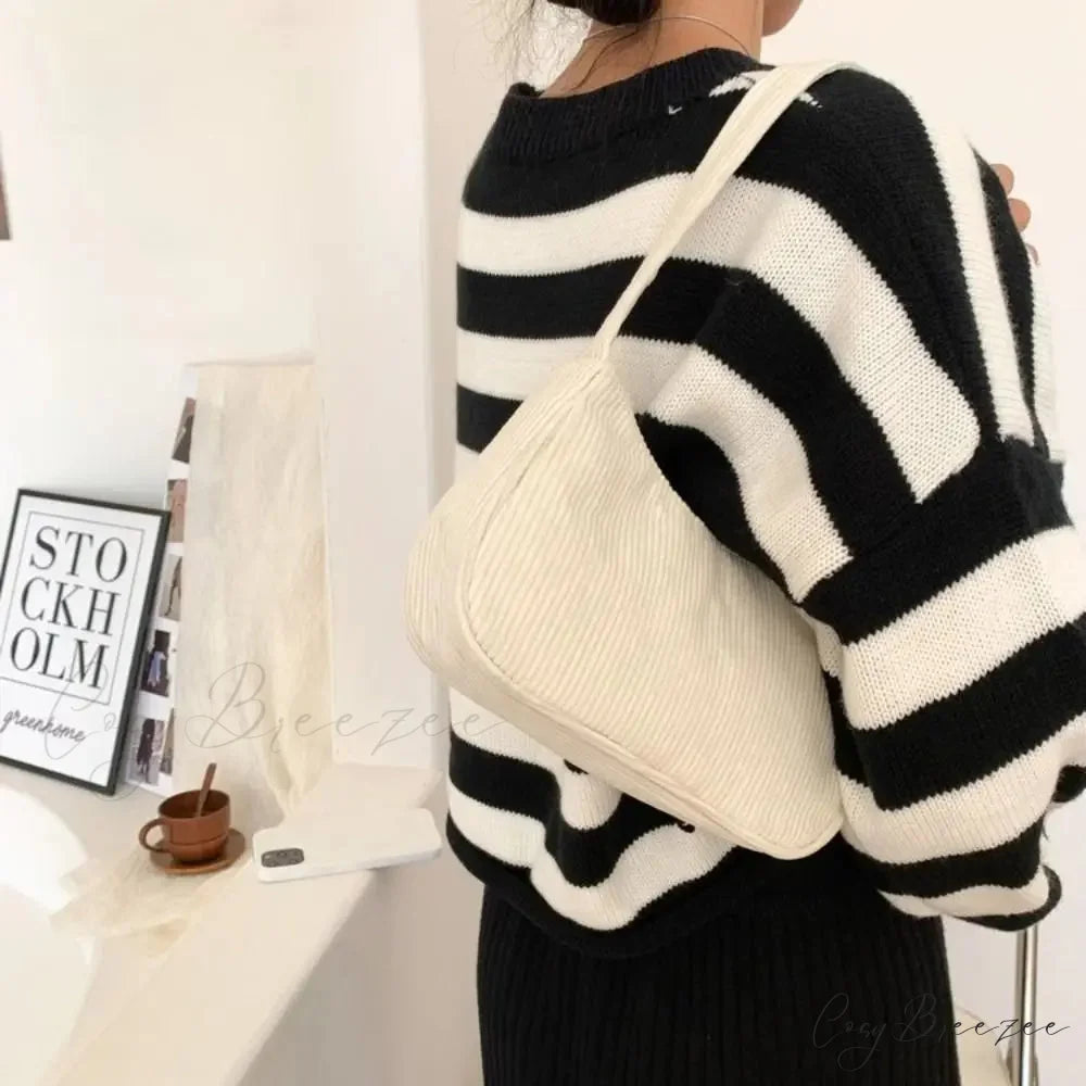 Corduroy Zipper Underarm Handbag White shoulder-250126
