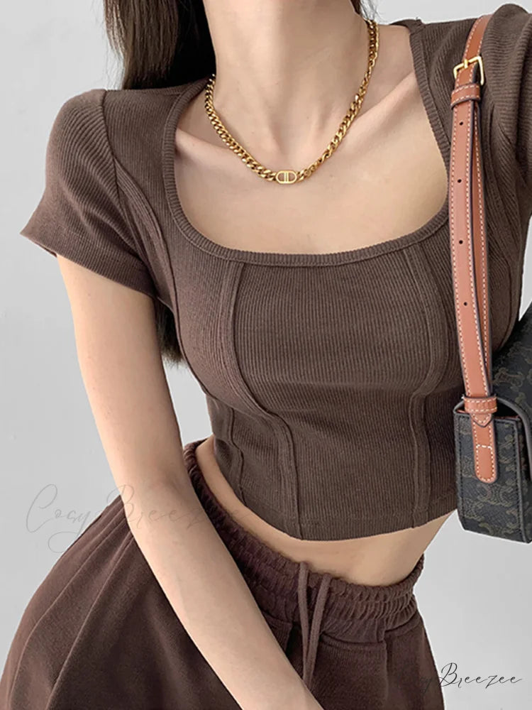 Corset Square Graceful Neck Shirt Dark Brown / XS