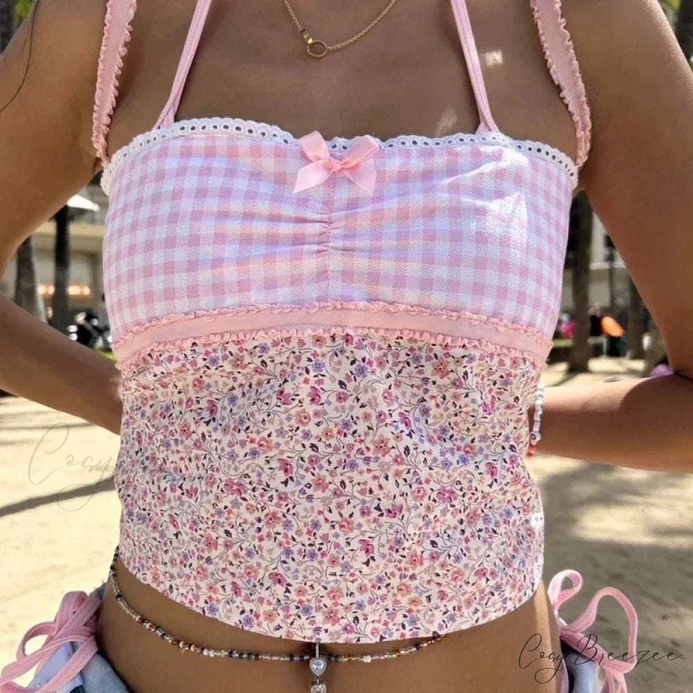 Cottage Floral Plaid Patchwork Y2K Lace Trim Backless Tie Up Retro Vest Crop Top croptop-250126