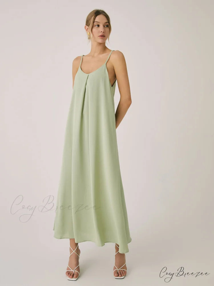 Cotton Blends Graceful Pleated Long Dress Green / XS
