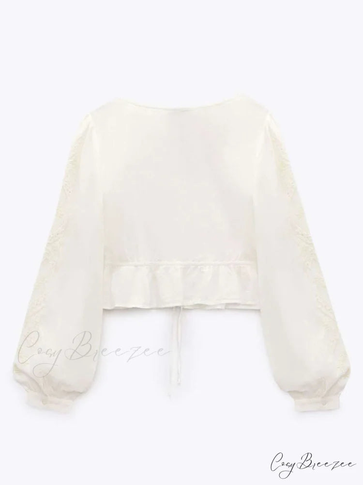 Cotton Embroidered Women’s Crop Arm Drape V-neck Long Retro Sweet Top