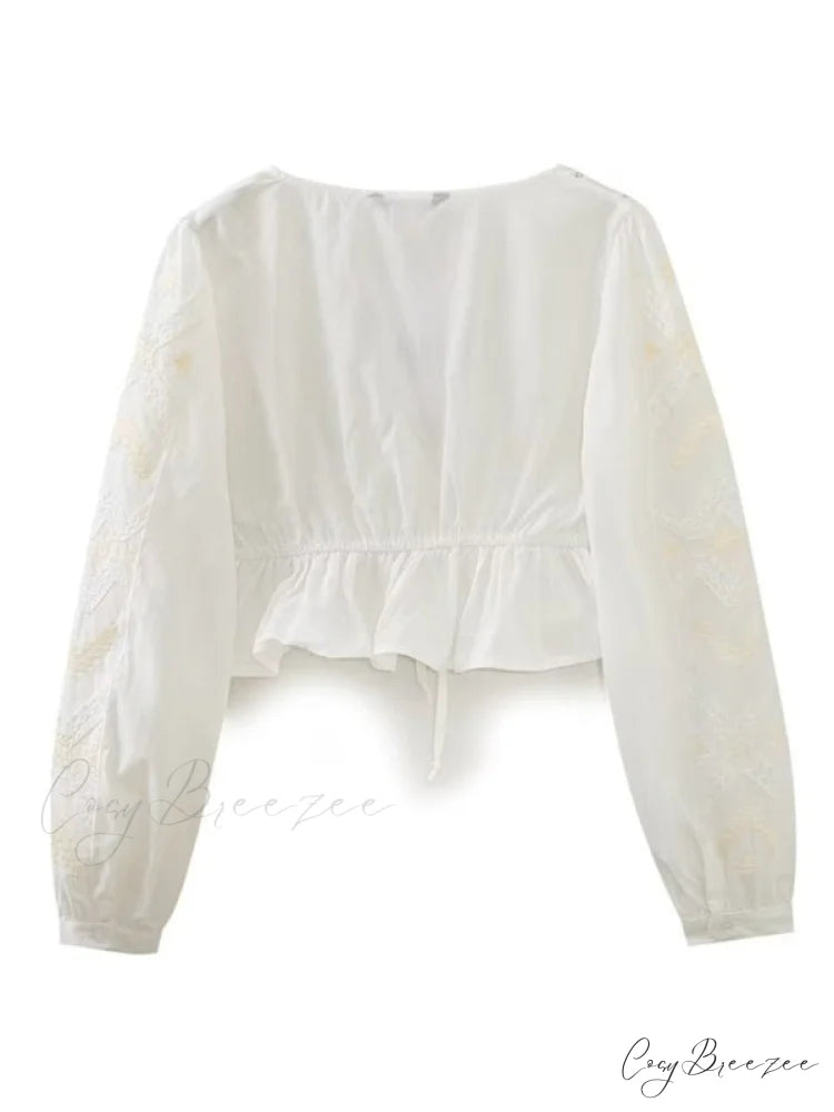 Cotton Embroidered Women’s Crop Arm Drape V-neck Long Retro Sweet Top