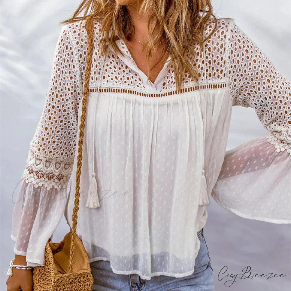 Cotton Embroidery Tassel Splicing Chiffon Boho Blouse bohoblouse-250126