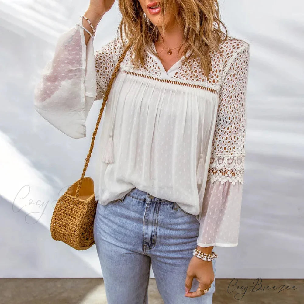 Cotton Embroidery Tassel Splicing Chiffon Boho Blouse bohoblouse-250126