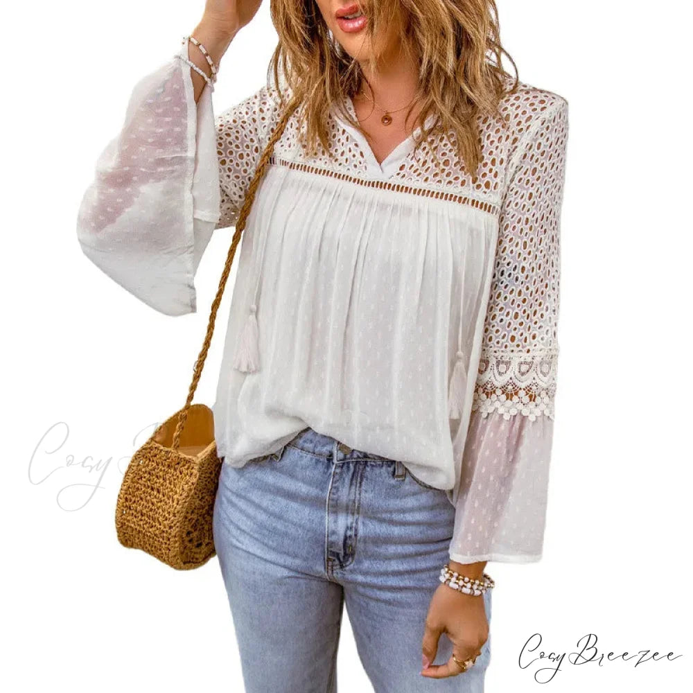 Cotton Embroidery Tassel Splicing Chiffon Boho Blouse bohoblouse-250126