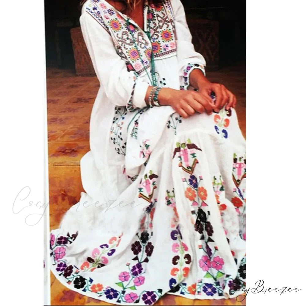 Cotton Floral Embroidered Maxi Dress bohodress-250126