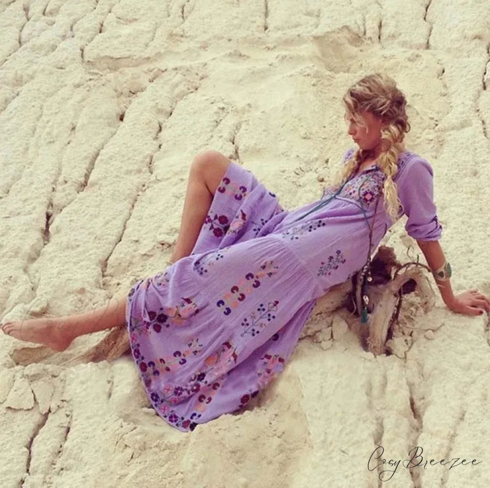 Cotton Floral Embroidered Maxi Dress Lavender / S bohodress-250126