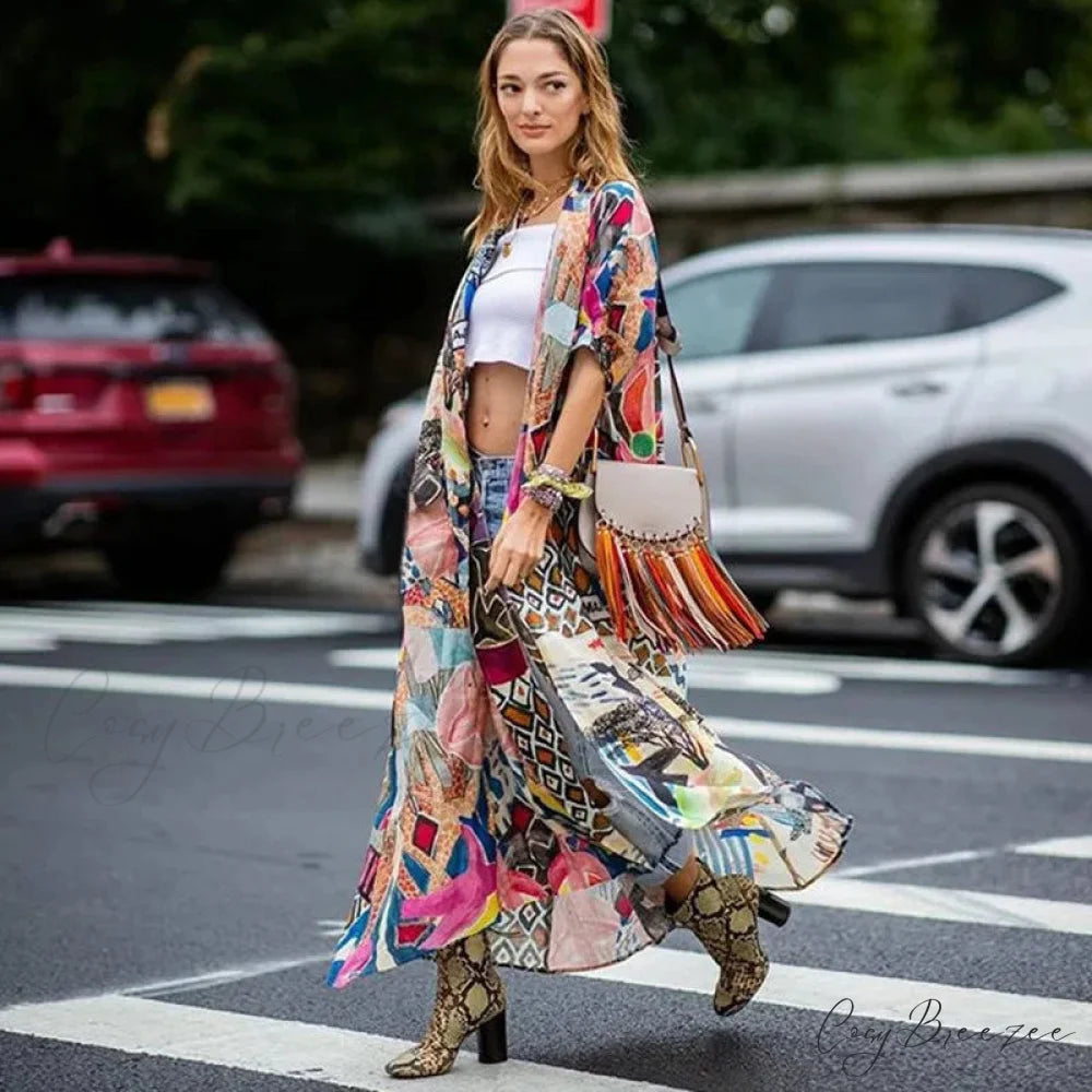 Cotton Floral Printed Boho Beach Kimono Cover Up bohocoverup-250126