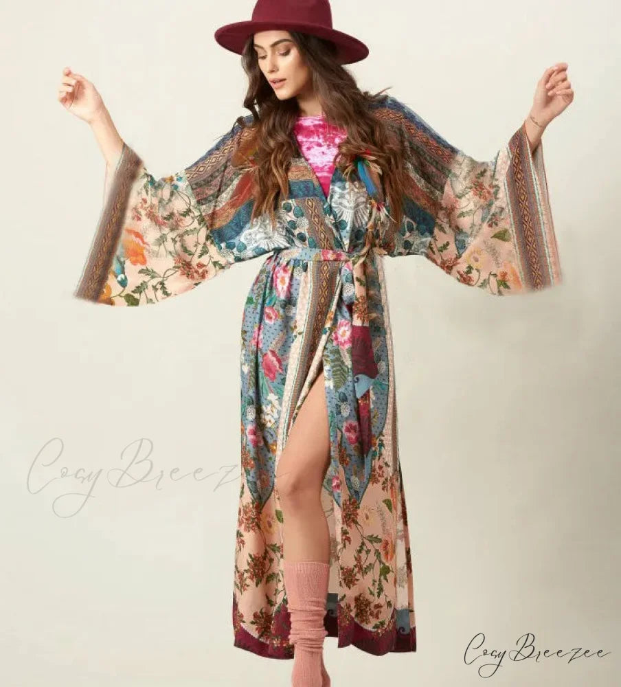 Cotton Floral Printed Boho Beach Kimono Cover Up color2 / One Size bohocoverup-250126