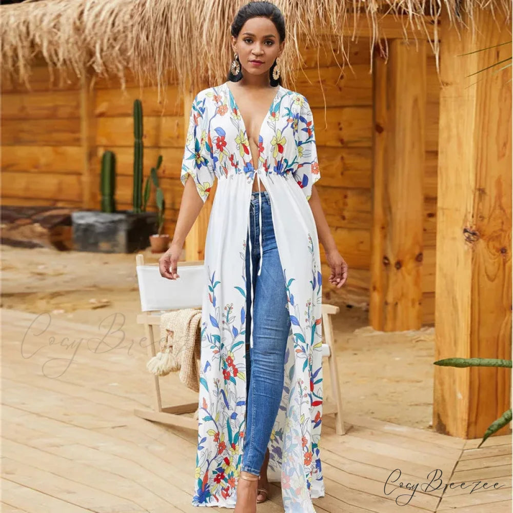 Cotton Floral Printed Boho Beach Kimono Cover Up color3 / One Size bohocoverup-250126