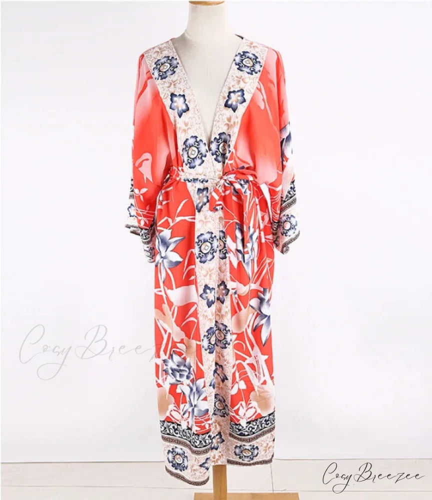 Cotton Floral Printed Boho Beach Kimono Cover Up color4 / One Size bohocoverup-250126