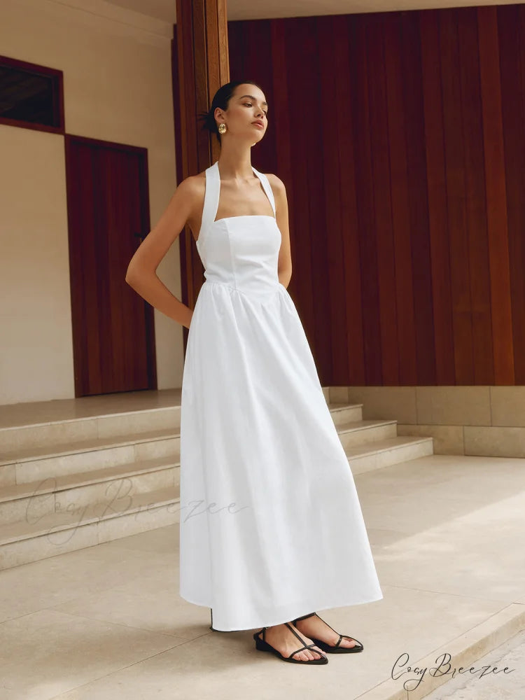Cotton & Linen Halter Modern A Line Long Dress